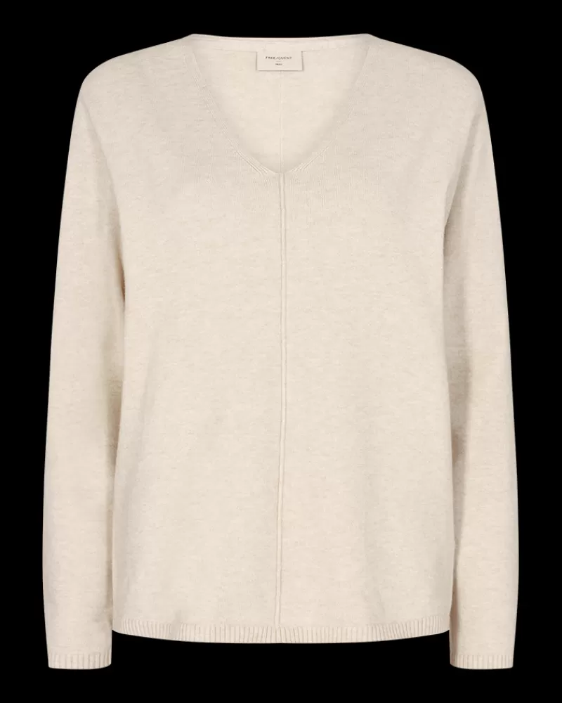 FREEQUENT Strik & Pullovers<FQCLAURA - PULLOVER MED V-UDSKÆRING - BEIGE